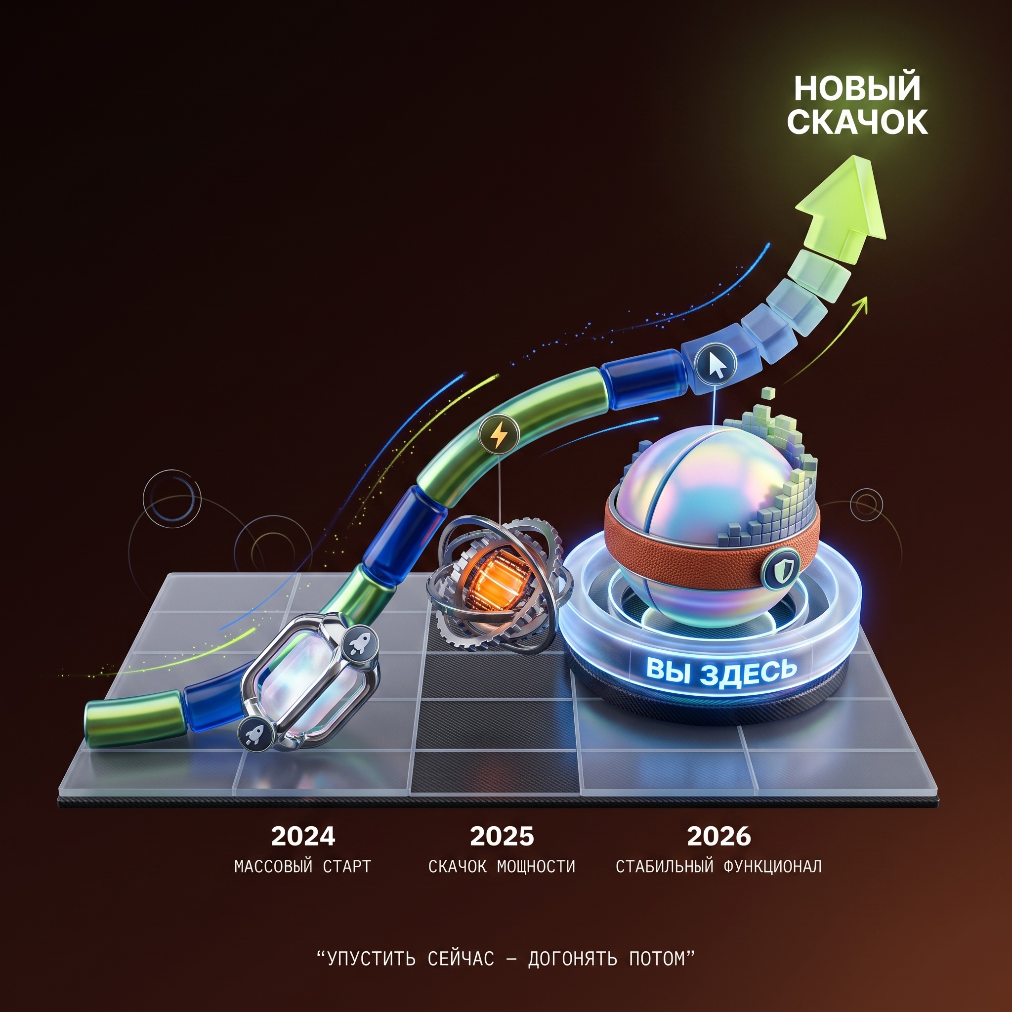 Рост AI: 2024 массовый старт, 2025 скачок мощности, 2026 стабильный функционал, дальше новый скачок
